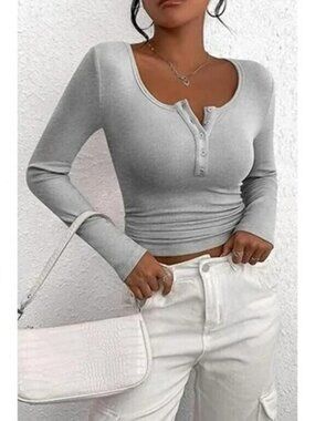 PRETTYGARDEN Ribbed Knit Tops Long Sleeve Basic Plain Henley T-shirts Small Grey